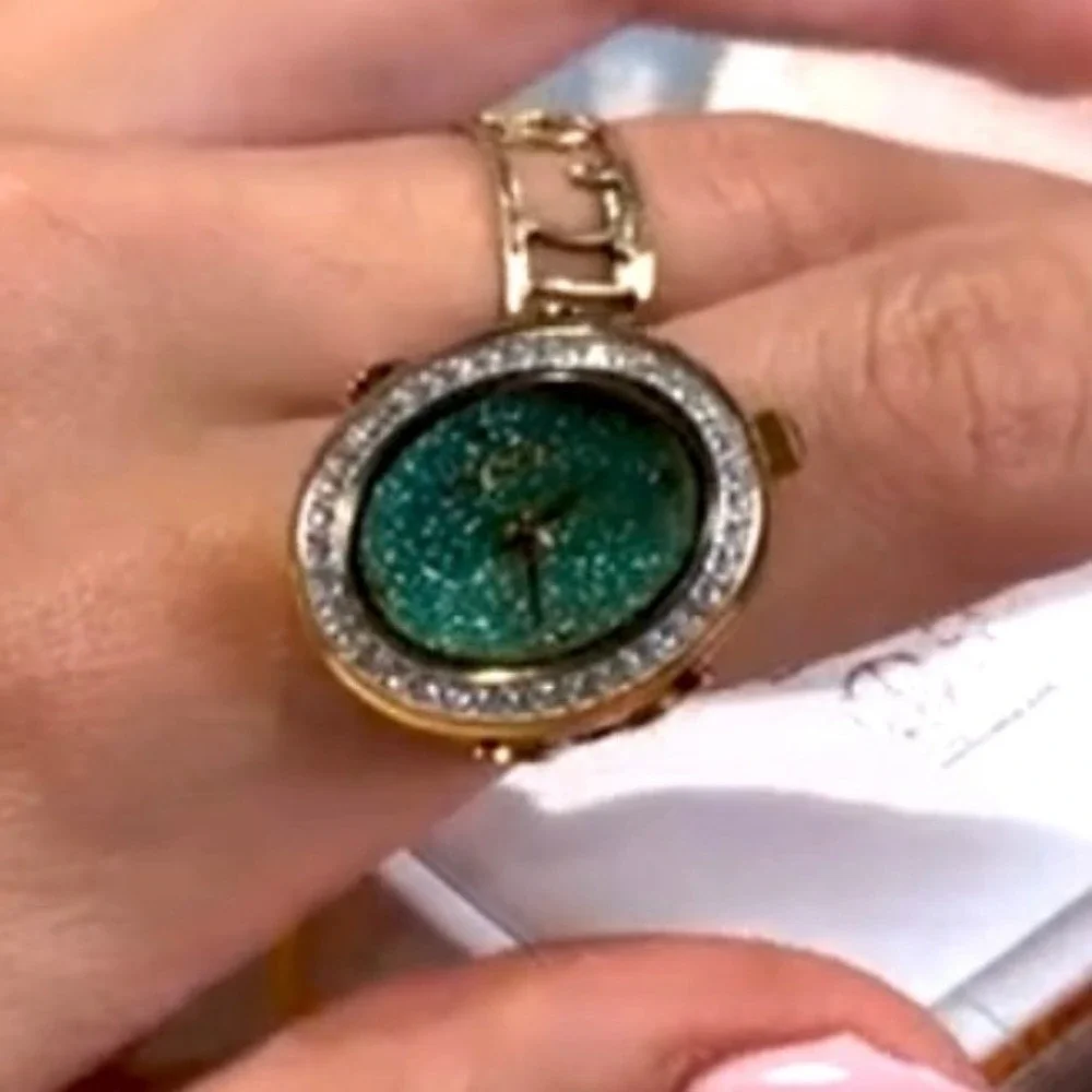 Invicta Angel 49602 Women Gold Tone Green Glitter Dial Crystal Oval Ring Watch